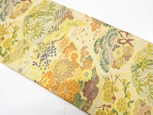 JAPANESE KIMONO / ANTIQUE MARU OBI / WOVEN SNOWFLAKE & SHOCHIKUBAI & CRANE